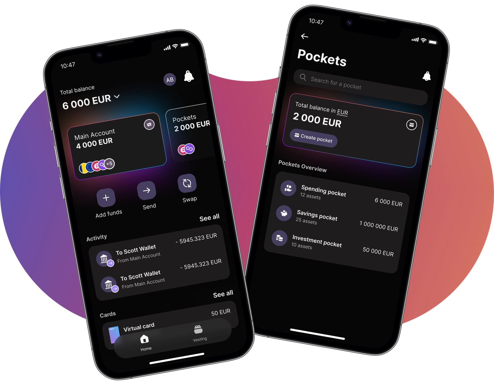 Enfineo's Main Account and Pockets screens against the brand's pink-to-purple gradient