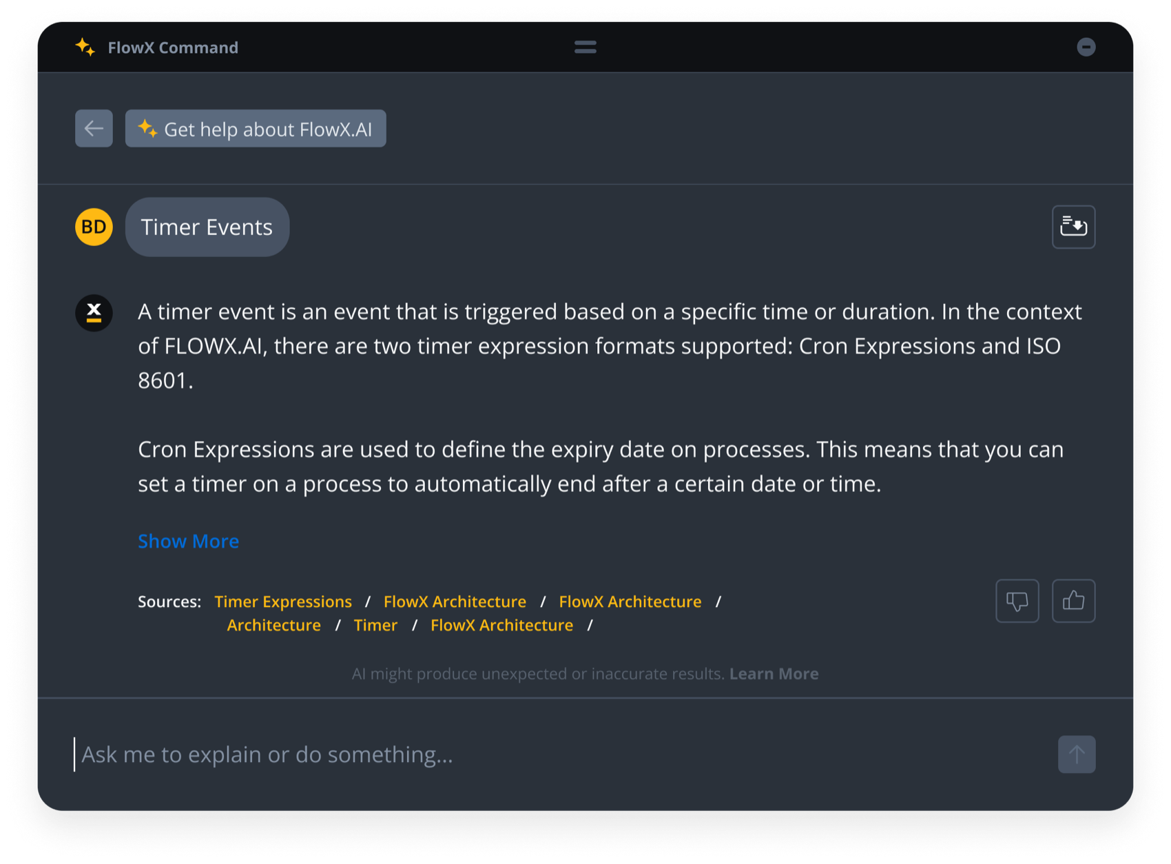 FlowX Command, an in-product AI assistant answering a question about timer events, with its sources cited below the response